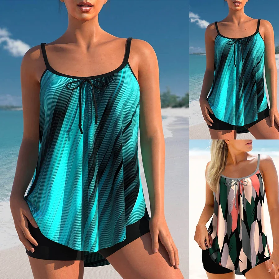 

New Summer Women's Two-piece Classic and Durable Blue Water Ripple Swimsuit Sexy Holiday Beach Vest Skirt Set S-6XL