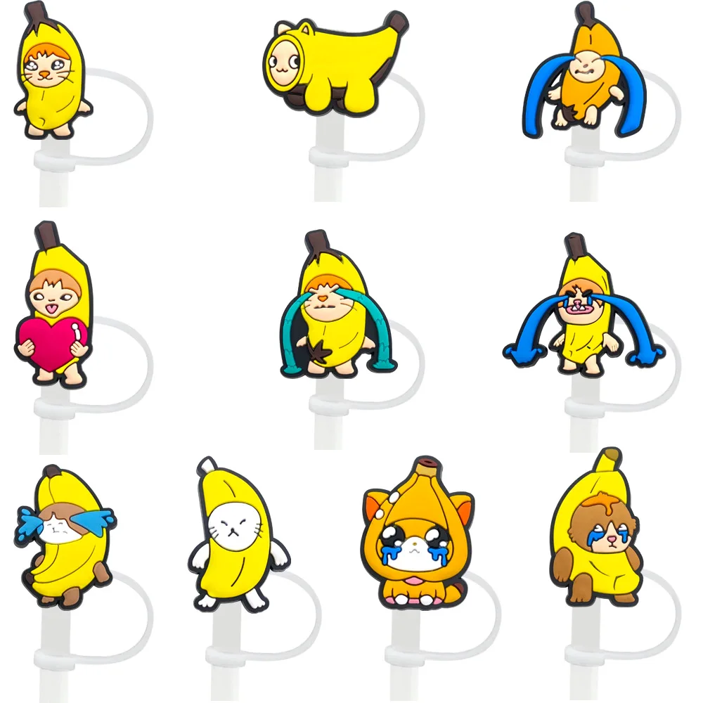 8-10mm Banana Cat Straw Cap Cartoon Accessories Dust Cover Food Grade Y2k Fashion Toys Anime Cartoon Frind Kawaii