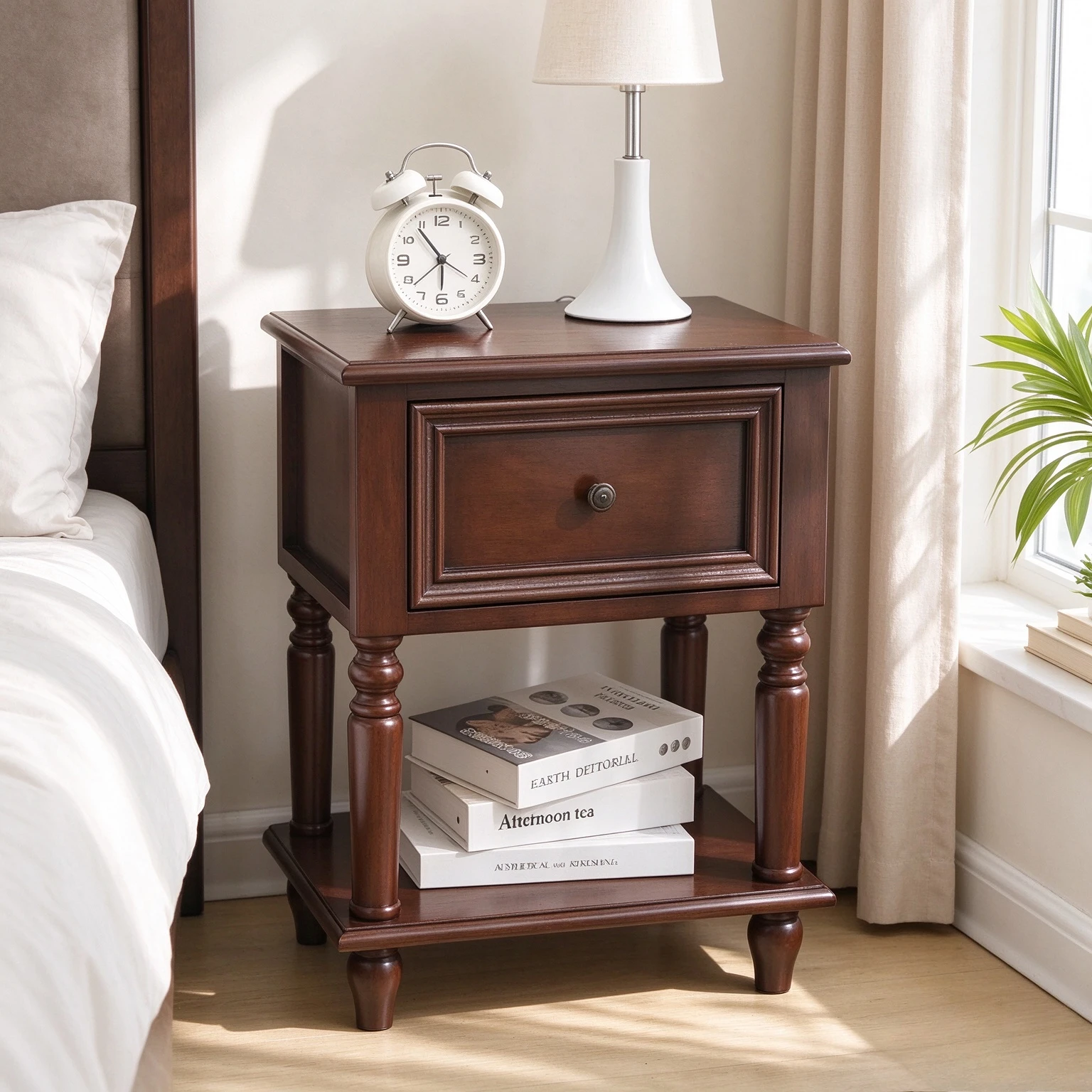 Solid Wood Nightstand with Drawer, Vintage Compact Bedside Storage Cabinet for Bedroom, Living Room and Small Space Organization