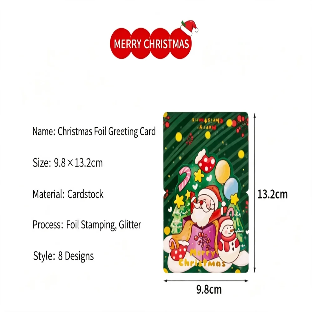 Cute Cartoon Christmas Foil Greeting Cards, Merry Christmas Blank Note Cards for Holiday Wishes & Gift Giving, Assorted Designs, 5 Pieces, Size 9.8×13.2cm