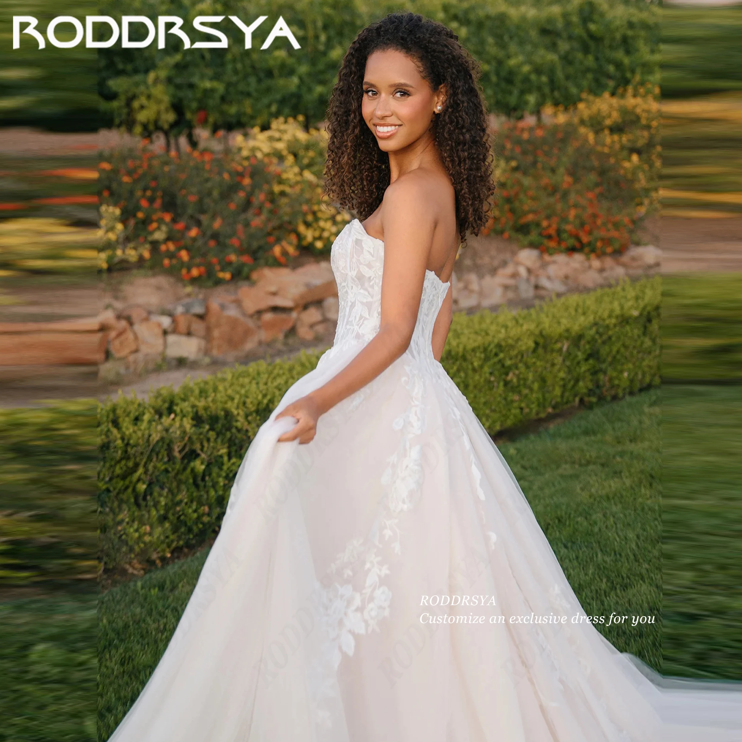 RODDRSYA Customized Strapless A Line Wedding Dress With Corset Bodice Tulle Appliques Floor Length Bridal Party Dresses For Wome