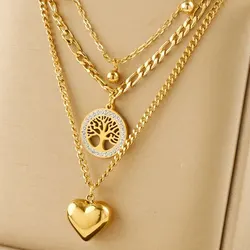 Gold Color Heart Tree Pendant Women Necklace Crystal Stone Round Cross Charm Double Layer Trendy Valentines Necklace Jewelry