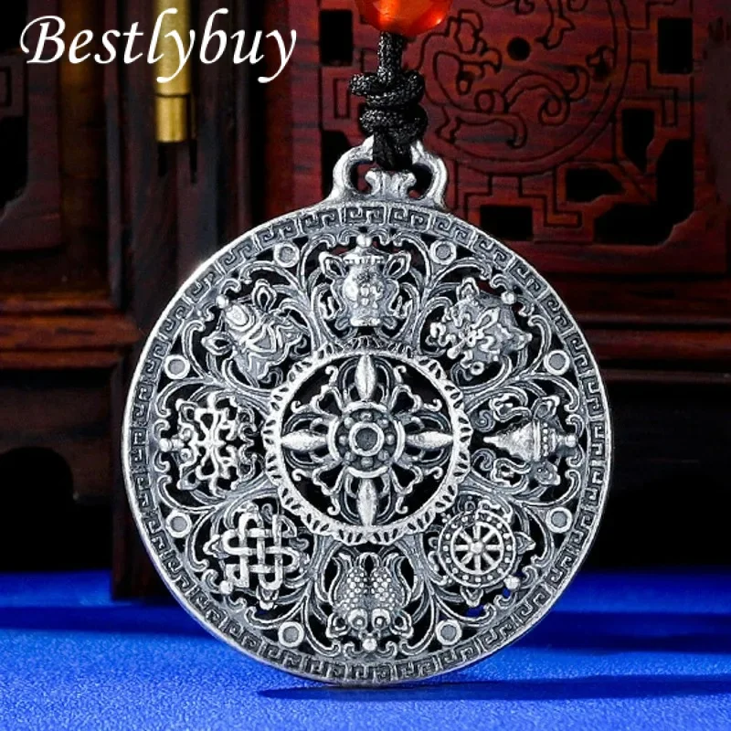 

New S999 Sterling Silver Retro Hollow Out Eight Auspicious Treasures Six Character Mantra Pendant Gift for Men and Women