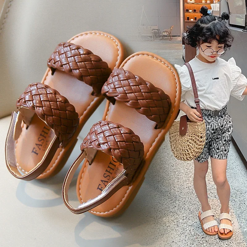 

Girl Sandals Braided Open Toe Fashion Vacation Summer Children Flat Shoes Solid Color Comfy Outdoor Anti-slip Kids Sliders
