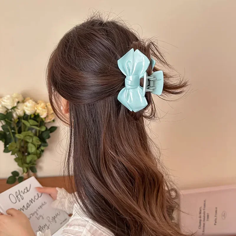 Милый кремовый синий бант, заколка для волос с пятиконечной звездой, женская заколка для волос с геометрическим узором, женские элегантные заколки в виде краба с бантом, аксессуары для волос
