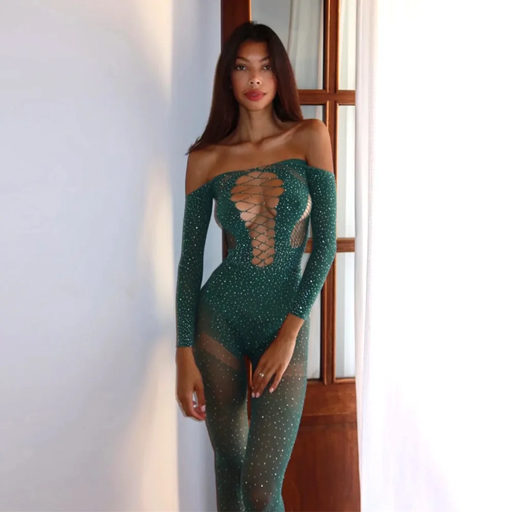

New sexy Spice Hot drill through hollowed-out backless romper long sleeve slim-fit romper Summer