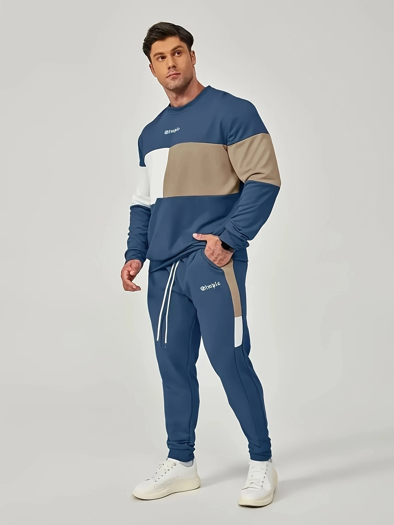 

Мужской комплект из 2 предметов с цветными блоками, повседневная толстовка с круглым вырезом и длинными рукавами и спортивные штаны, комплект спортивных штанов для зимы и осени