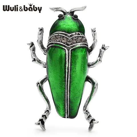 Wuli&baby Green Enamel Beetle Brooch Pins Crystal Insect Metal Badge New Designer Jewelry Accessory Gift