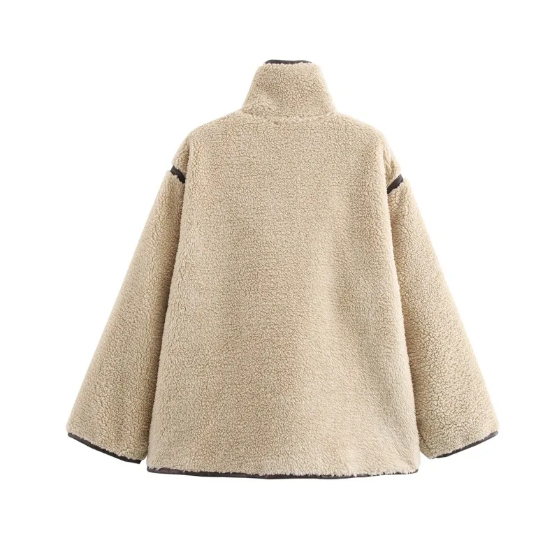 Outono inverno casaco de lã retalhos jaqueta quente feminina jaqueta de pele sintética de manga comprida topo fofo solto único breasted na moda
