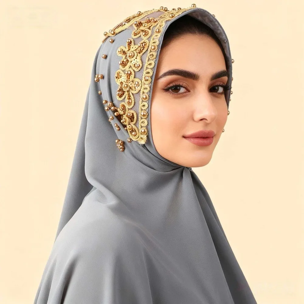 

Luxury Silk Pearl Chiffon Hijab Scarf Gold Beads Long Women Headscarf Thin Sunscreen Islamic Turban Eid al-Fitr