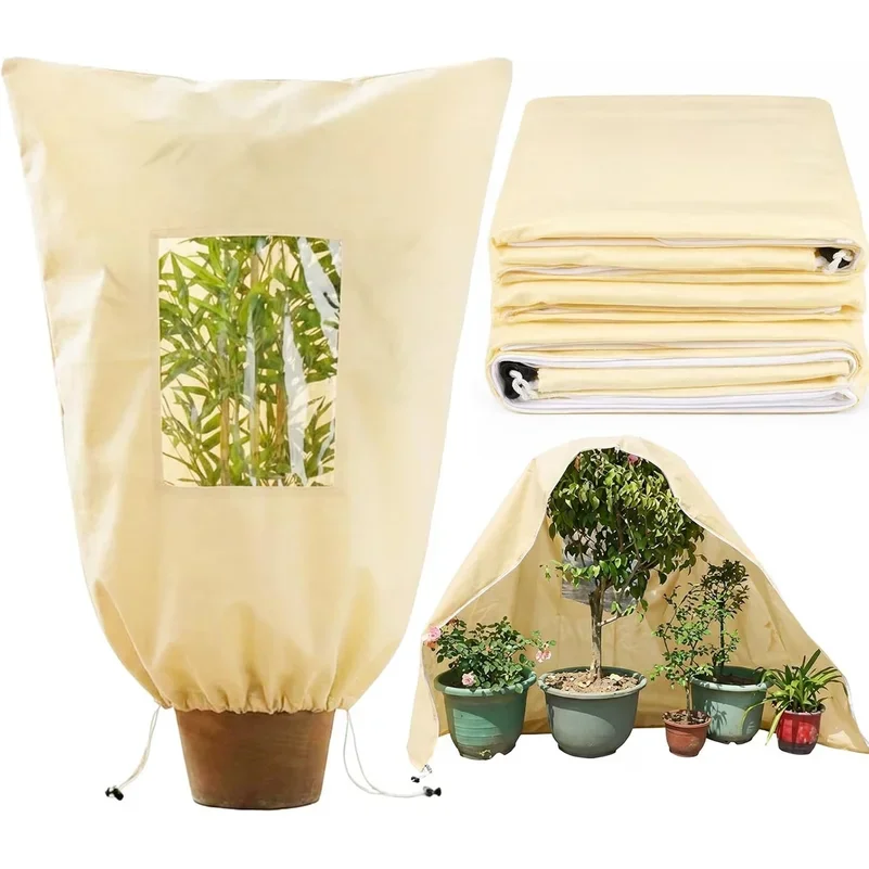 1PC Winter Frost Cloth Bag Wrap With Drawstring Visible Plant Protection Cover Bag Fabric for Outdoor Garden Potted Plant Shrub