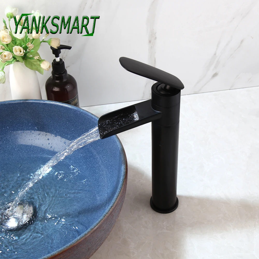 

YANKSMART Matte Black Bathroom Faucet Single Handle Basin Sink Deck Mounted Waterfall Washbasin Faucet Mixer Water Tap