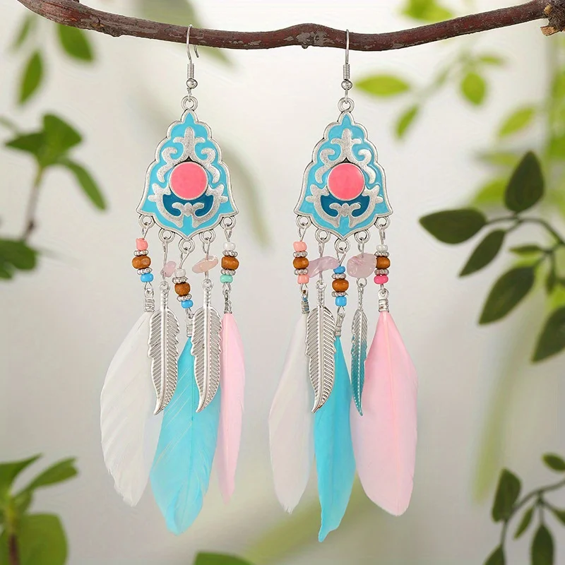 Vintage style long irregular gravel paired with feather inspired ethnic style men's and women's earrings, Bohemian style with multiple colors for daily wear jewelry, suitable for Christmas, Valentine's Day parties, anniversaries, and gifts for her