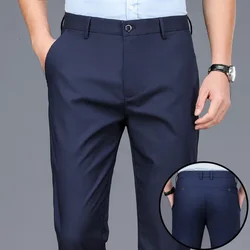 Men's Solid Straight Leg Formal Occasion Long Pants Slim Fit Ice Silk Suit Pants Male High Quality Business Narrow Leg Trousers
