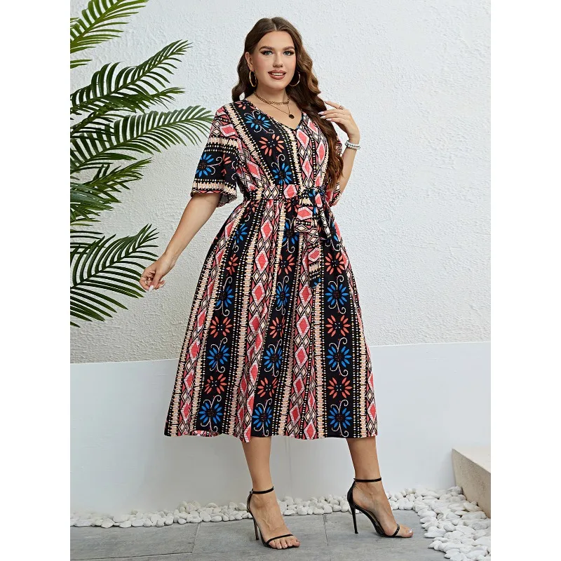 WSFEC L-4XL Bohemia Women Clothing Plus Size Dresses Fashion Printing Short Sleeve Bandage Summer Casual Midi Dress Dropshipping