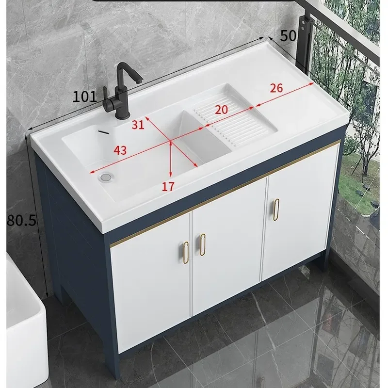 For Space Aluminum Floor to Ceiling Laundry Cabinet Balcony Laundry Pool with Rubbing Board Integrated Washbasin Bathroom