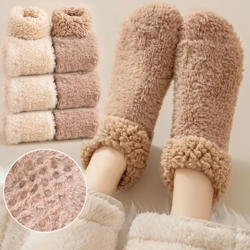 

Winter Warm Anti Slip Socks Solid Colors Women Home Floor Carpet Fuzzy Socks Thick Lamb Wool Velvet Indoor Sleep Slippers Socks