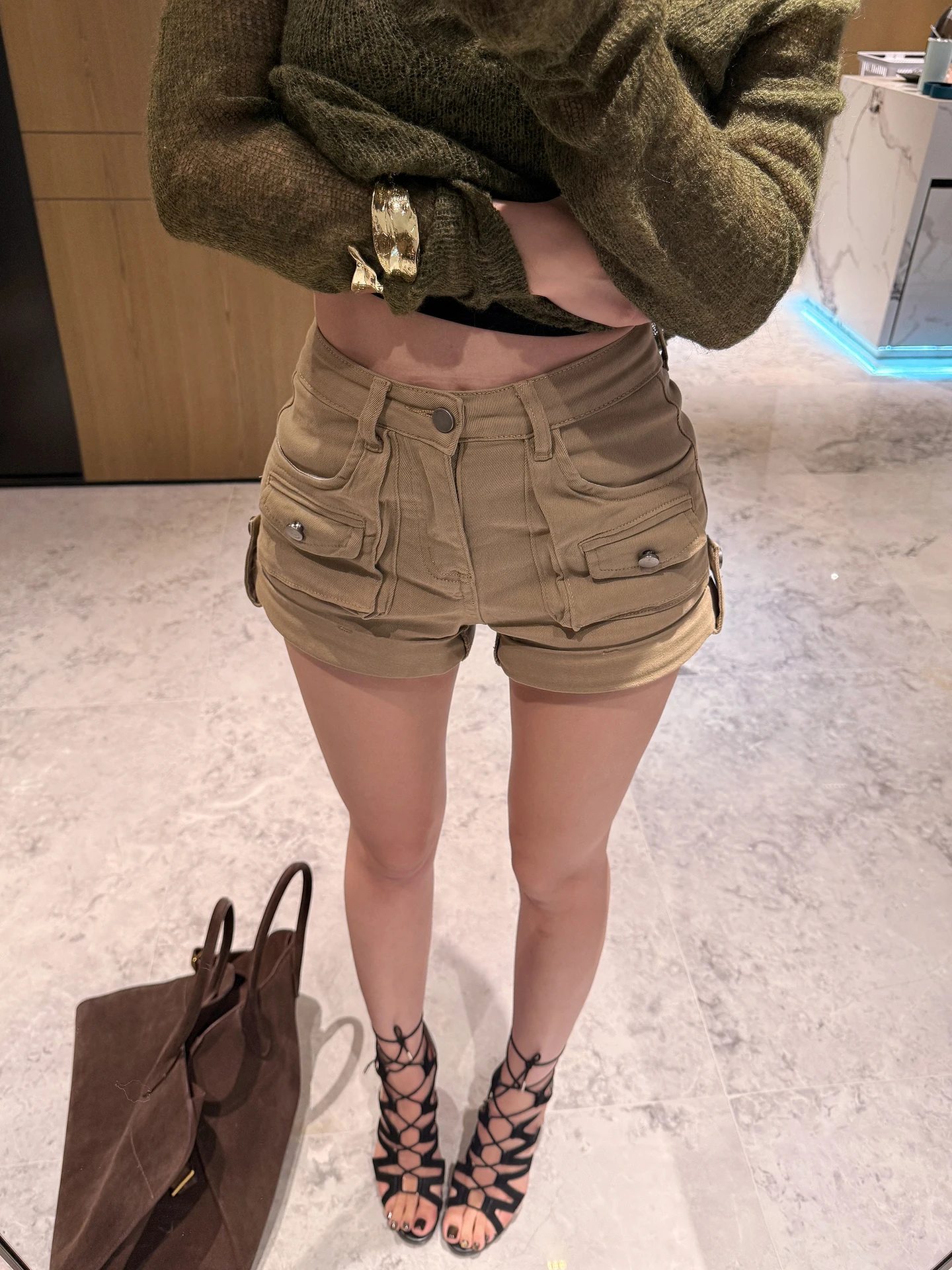 

Женские летние повседневные шорты Pirui Khaki: облегающие, с высокой талией, на молнии, из хлопка