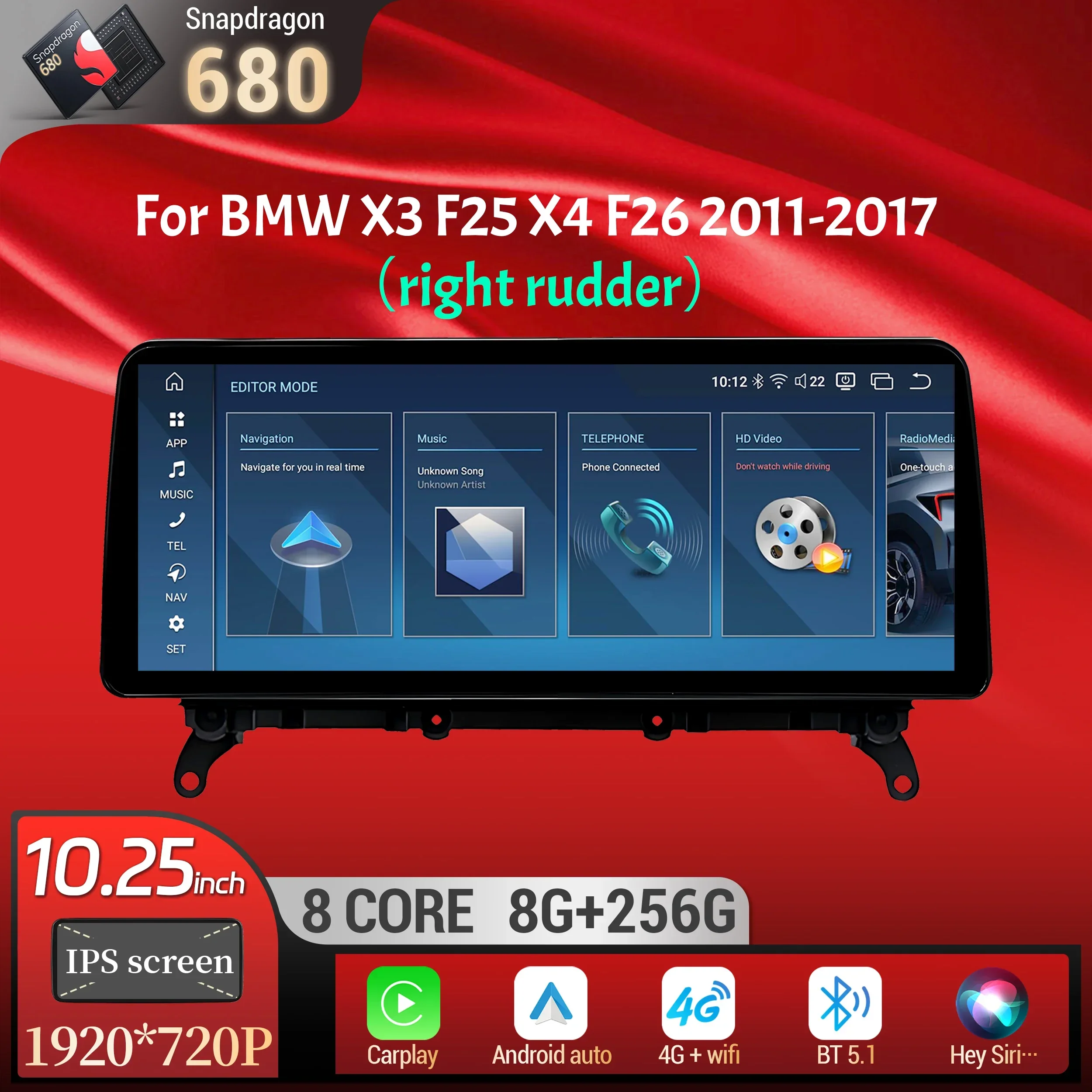 

10.25 inch Right Hand Drive Android 14 For BMW X3 F25 X4 F26 2011-2017 Car Radio Wireless BT Carplay Snapdragon 680 Touch Screen