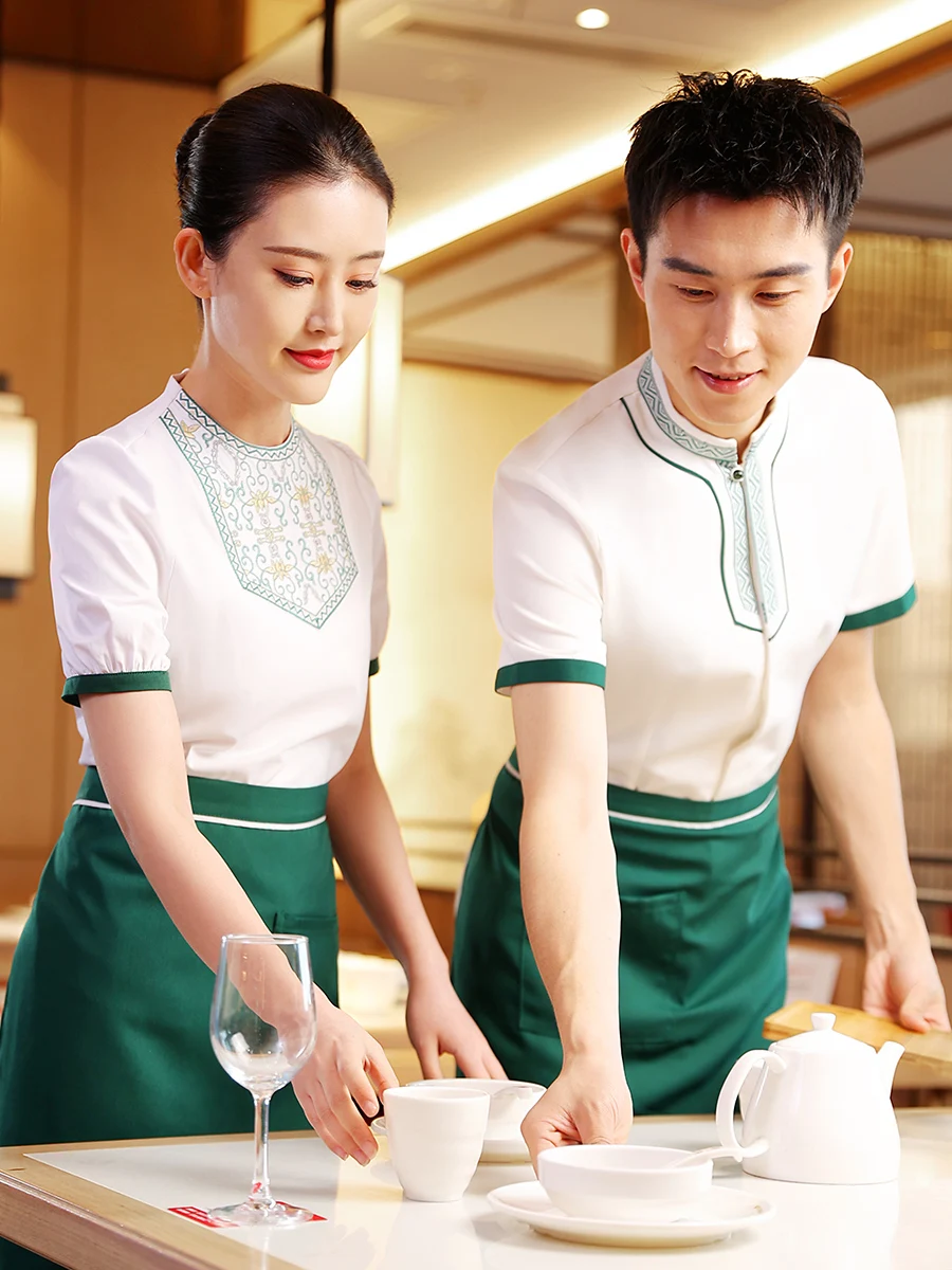 2023 Summer Chinese Restaurant Waiter Short Sleeve Top+Apron Set Wholesales Western Hotel Staffs Work Clothing Free Shipping