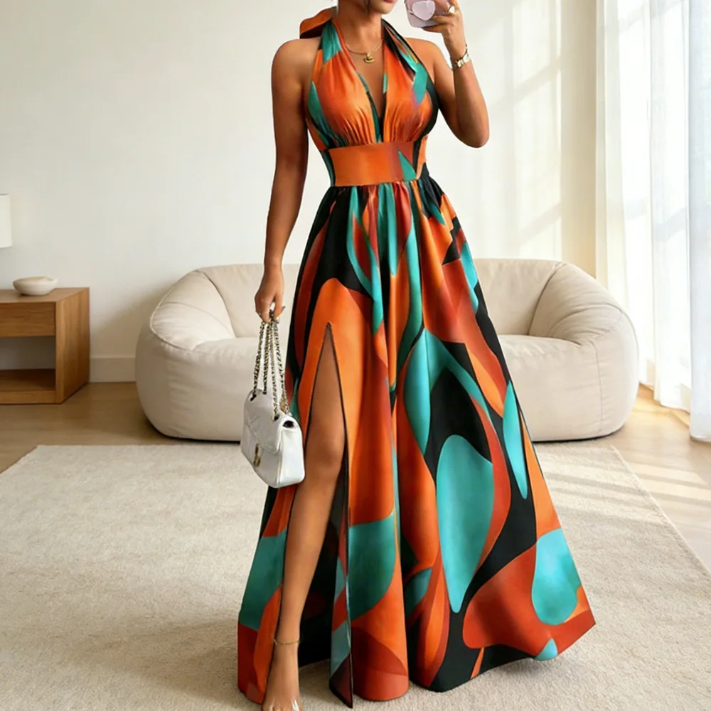 

Women's Dress Summer New Beach Vacation Style Color Blocked Geometric Print Deep V-Neck High Waist Slit Hanging Neck Dress