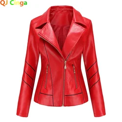 Red Women's PU Jacket, Fashion Casual Biker Coat Outwear, Female Black Faux Leather Jackets, Overcoat Women Menteau, Asian Size