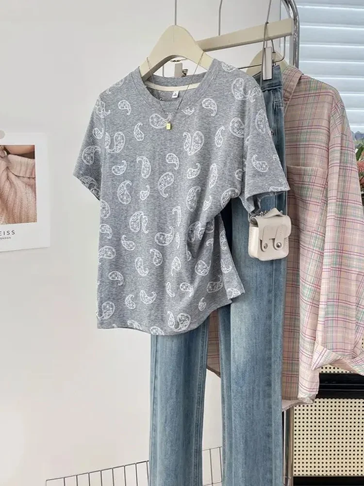 Korean Style  Floral Pattern 3D Design round Neck Short Sleeve Women's T-shirt Simple Atmosphere Daily Top Casual Cotton