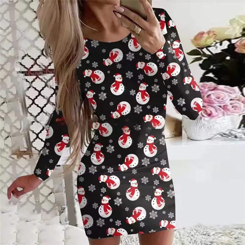 جديد عيد الميلاد طباعة جولة الرقبة طويلة الأكمام Bodycon اللباس المرأة الخريف الشتاء جديد لطيف الأيائل ملابس منقوشة بكم طويل حزب البسيطة اللباس