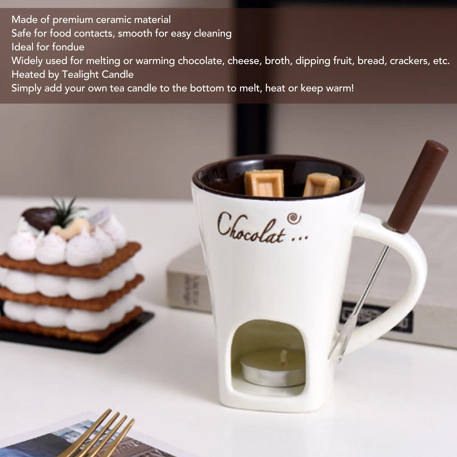 Taza de Cerámica para Derretir Chocolate, Olla Calentadora de Mantequilla, Utensilios para Derretir Chocolate con Tenedor para Cocina, Calentador de Mantequilla de Cerámica