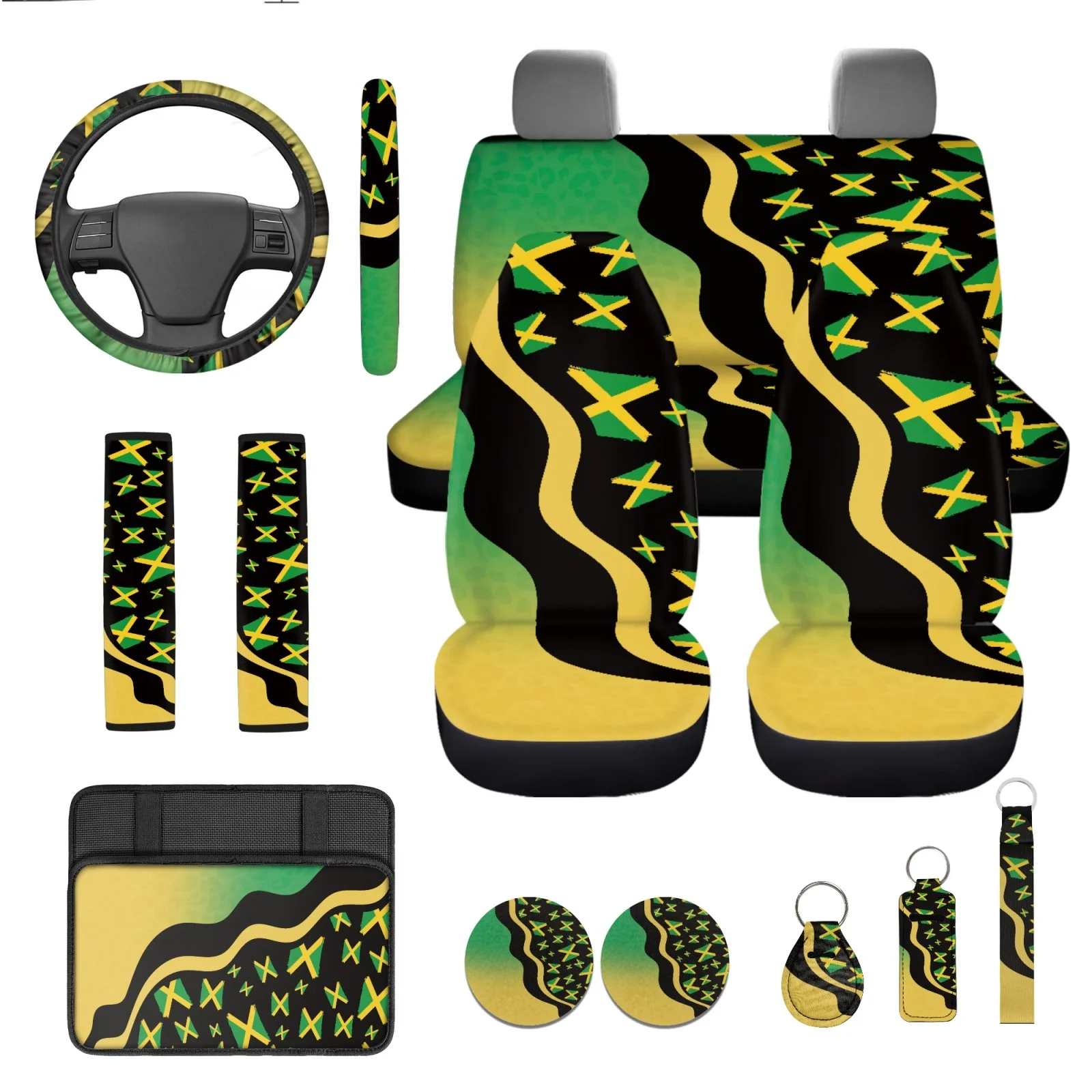 Coloranimal Yellow Green Set of 13 Auto Interior Set with Breathable Lipstick Sleeve and Seat Belt Covers for Small Car