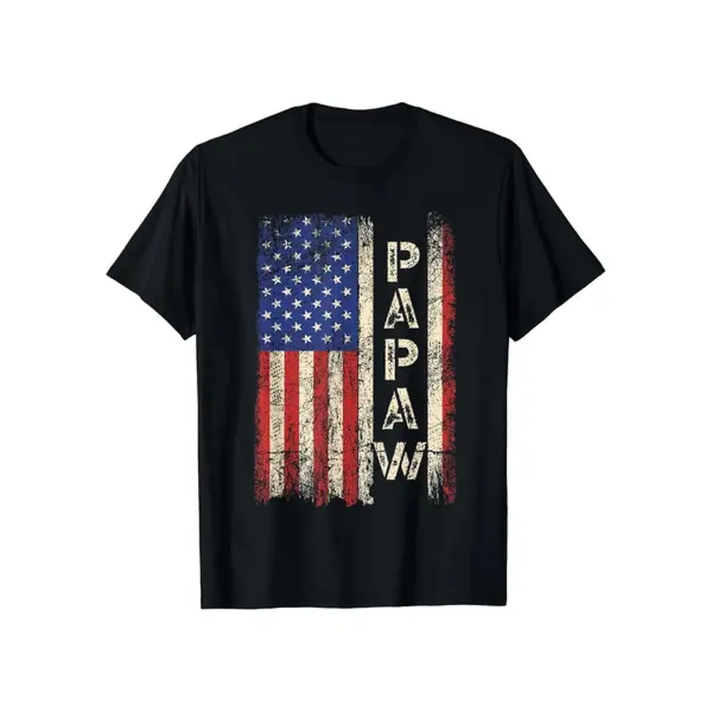 Cotton Short Sleeve T-Shirt Papaw Grandpa American Flag Graphic T-Shirt, 100% Cotton, Crew Neck, Slight Stretch, Solid Color with Patriotic Pattern, Regular Fit, for Men, All-Season Knit Fabric, Tee
