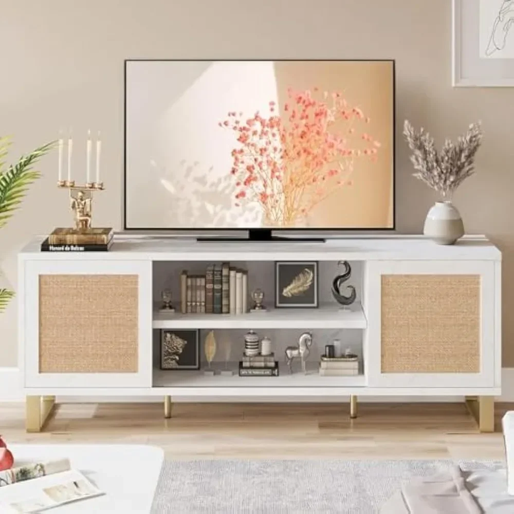 Rattan TV Stand for 65 inch TV, White Entertainment Center Modern TV Console Table with Storage, Doors and Shelves