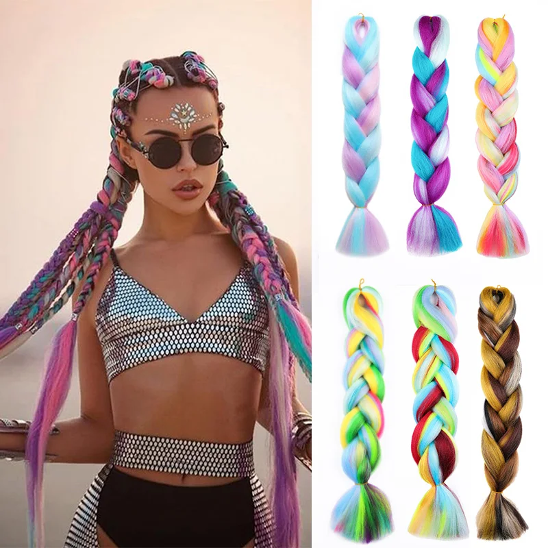 Jumbo Braiding Hair Rainbow Colors Extensions Fiber Mix Four Silky Colorful Twist Hair Extensions  Colored Synthetic Braids