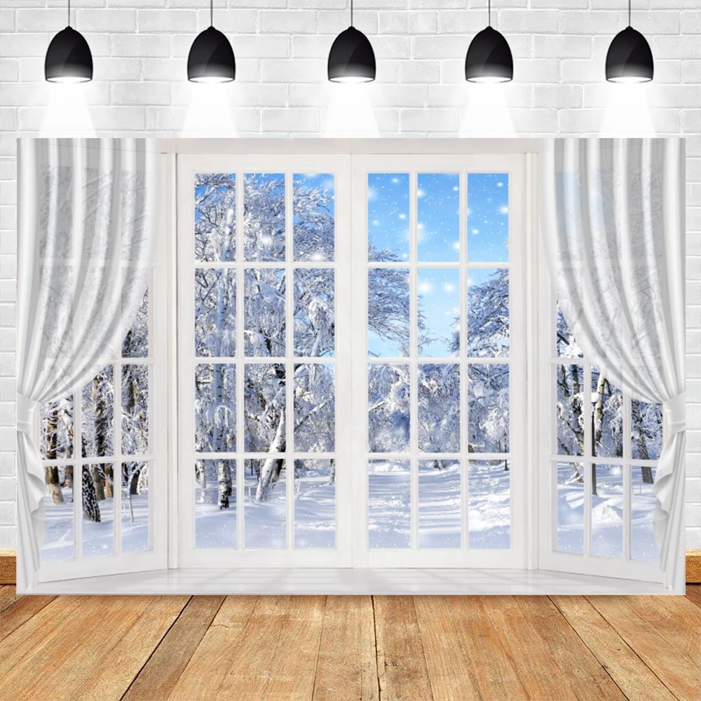 Winter Landscape Window Backdrop Snow Scenery Tree Photography Background for Kids Family Christmas New Year Party Photo Studio