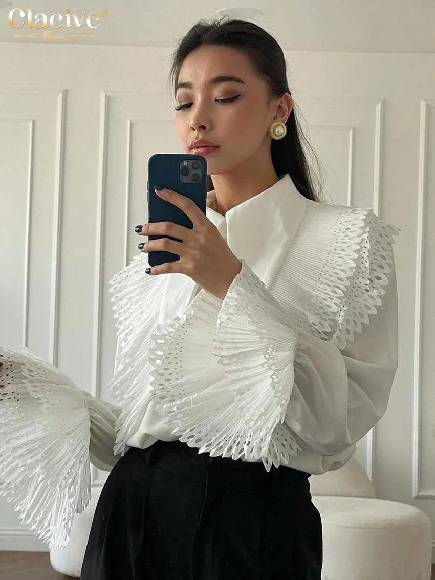 

Clacive Casual Loose White Office Women'S Shirts Fashion Chic Lapel Long Sleeve Blouse Elegant Classic Top Female Clothing 2024