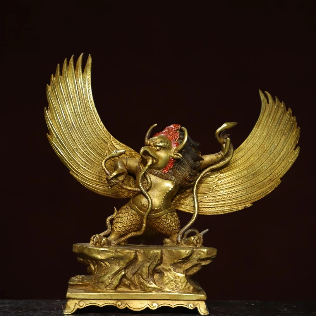 

12"Tibetan Temple Collection Old Bronze Gilded Cinnabar GARUDA Buddha Garuda Dhwaja Protector Worship Hall Town house Exorcism