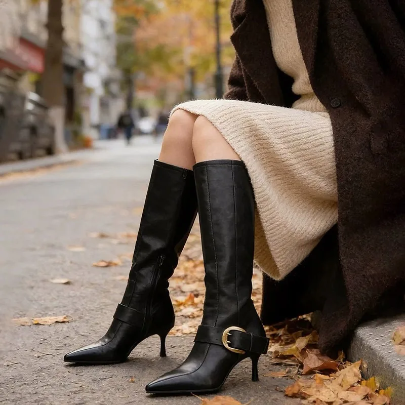 Pointed Toe High Heels Women's Boots Leather Buckle Knee-High Boots Women Designer Style Slip on Winter Sexy Thin Heel Booties 3 image 4