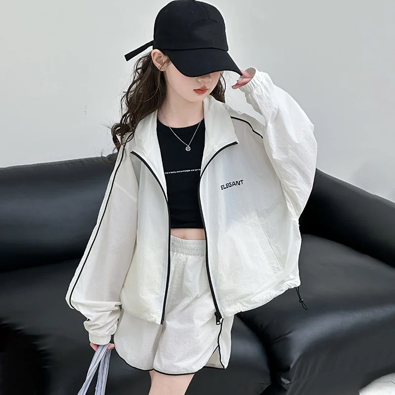 Kids Summer Sun protection Clothing Outfits Girls' Fashion Thin Sun-Protective Jacket and Shorts 2Pcs Suit for Teens 4-14Years