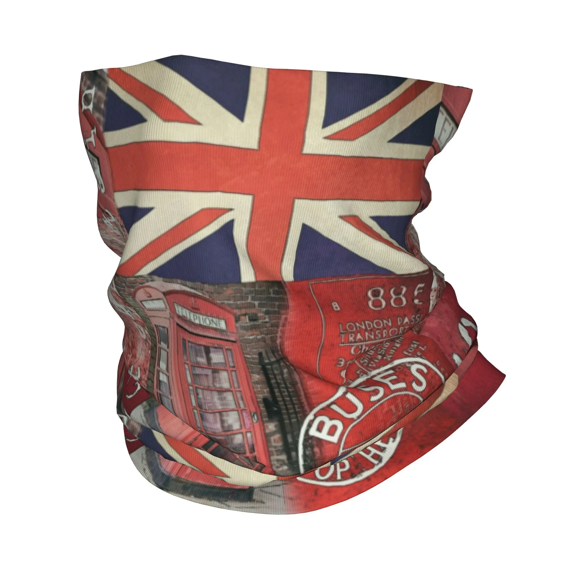 

Very British Vintage Bandana Neck Gaiter Printed London Bus Flag Red Print UK Wrap Scarf Warm Headband Riding Unisex Adult
