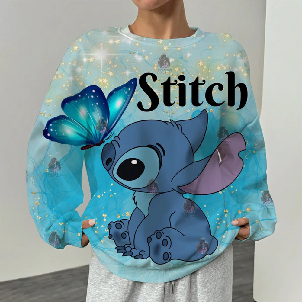 

2024 New Cartoon Disney Cute Lilo & Stitch Ladies Sweatshirt Crew Neck Loose Pullover Autumn Fun Print Long Sleeve Top