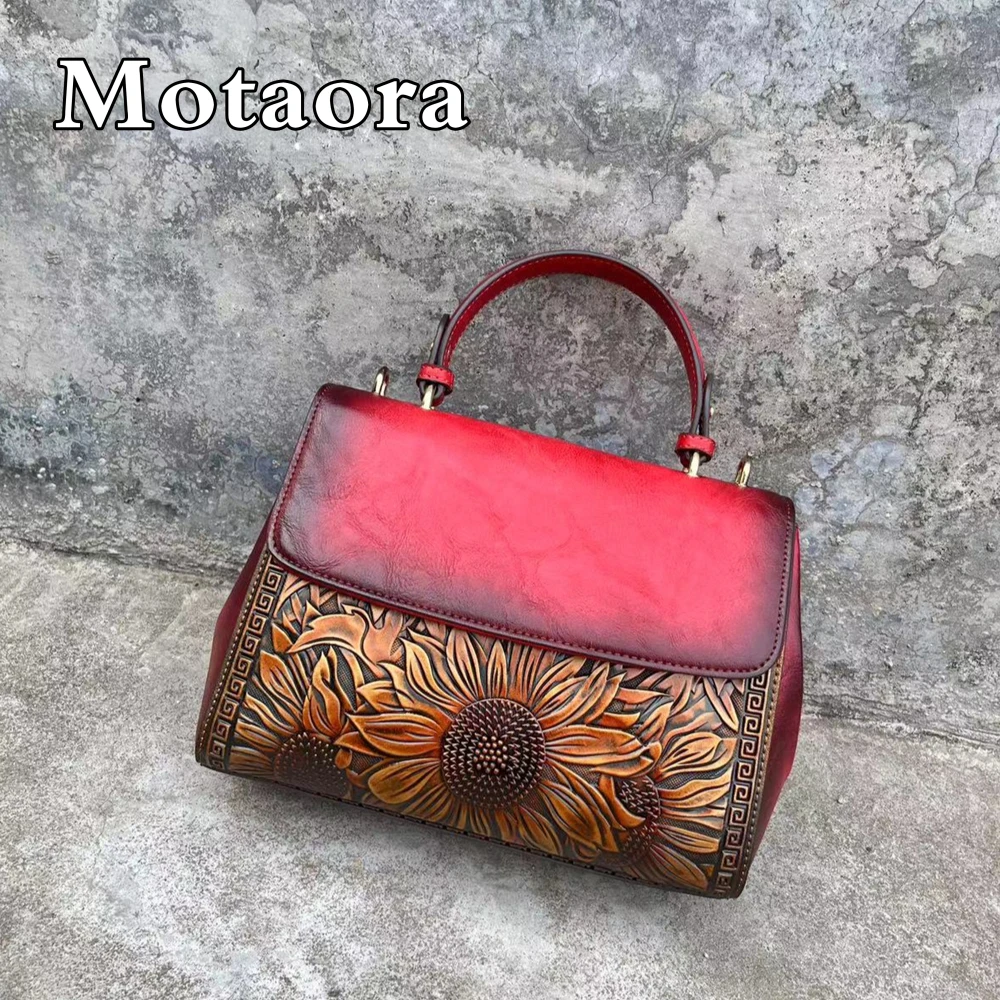 MOTAORA 2024 New Retro Leather Handbag Woman Luxury Designer Handbags Embossed Sunflower Women Shoulder Bags With Shoulder Strap