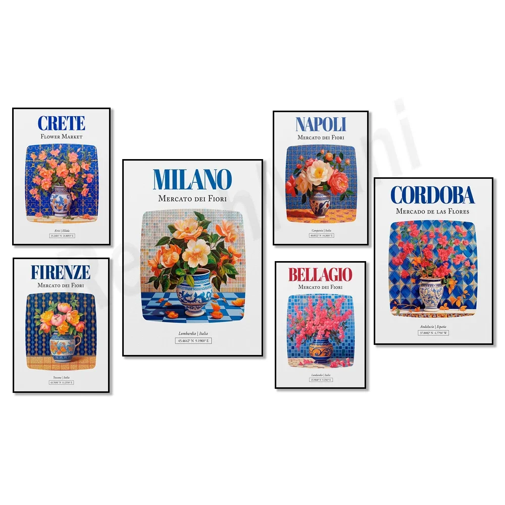 Nápoles, Italia, Islas Baleares, España, Zakynthos, Thessaloniki, Mercato dei Fiori, Póster Maiolica con ramo de camelia en vas