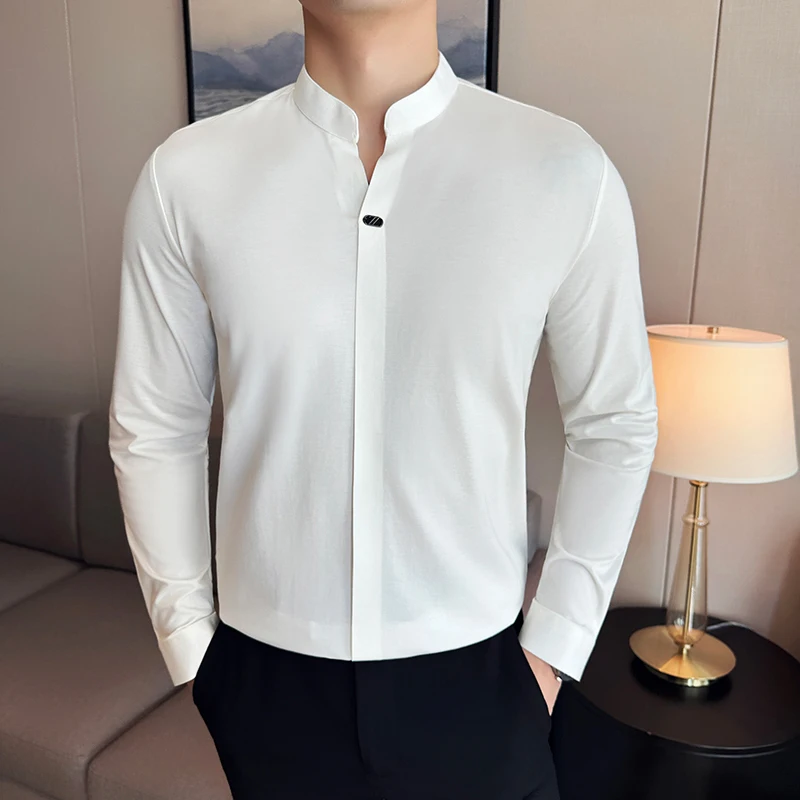 High Elasticity Men Polo Shirt 2024 Autumn Thin Stand Up Collar Solid Casual Elastic Slim Fit Long Sleeves T-shirt Men Clothing