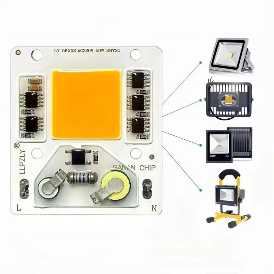 50W COB Źródło światła Inteligentny układ scalony Nie ma potrzeby sterownika DIY Światło halogenowe Żarówka LED Reflektor AC 220V COB LED Chip Lampa