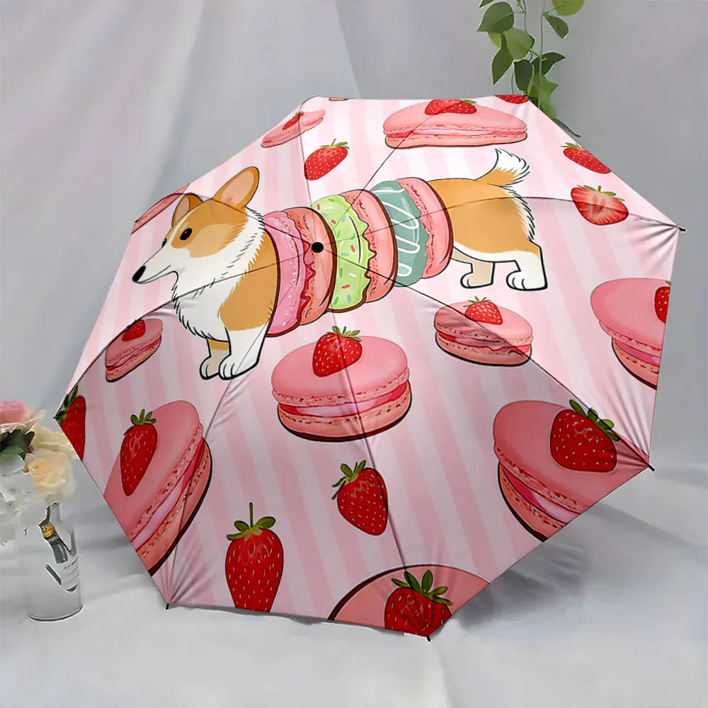 1PC Adorable Corgi and Strawberry Macaron Umbrella Design Print 8 Iron Ribs Folding Umbrella Auto-Open Fashion Sunshade
