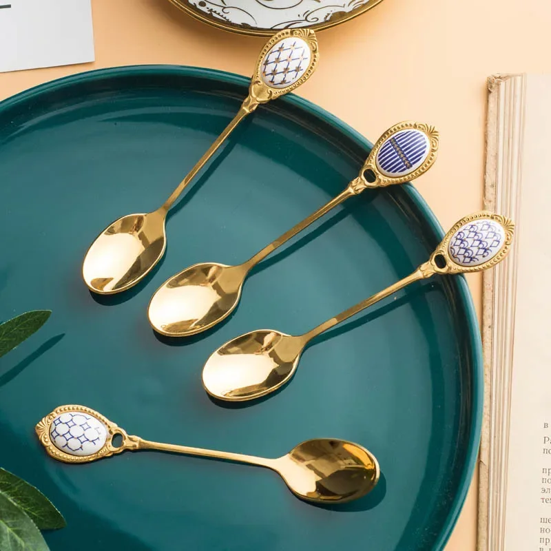 Stainless Steel Spoons Inlay Ceramic Coffee Ladles, Vintage Gold Plating Dessert Spoon, High-class Cake Scoops, Christmas Gift