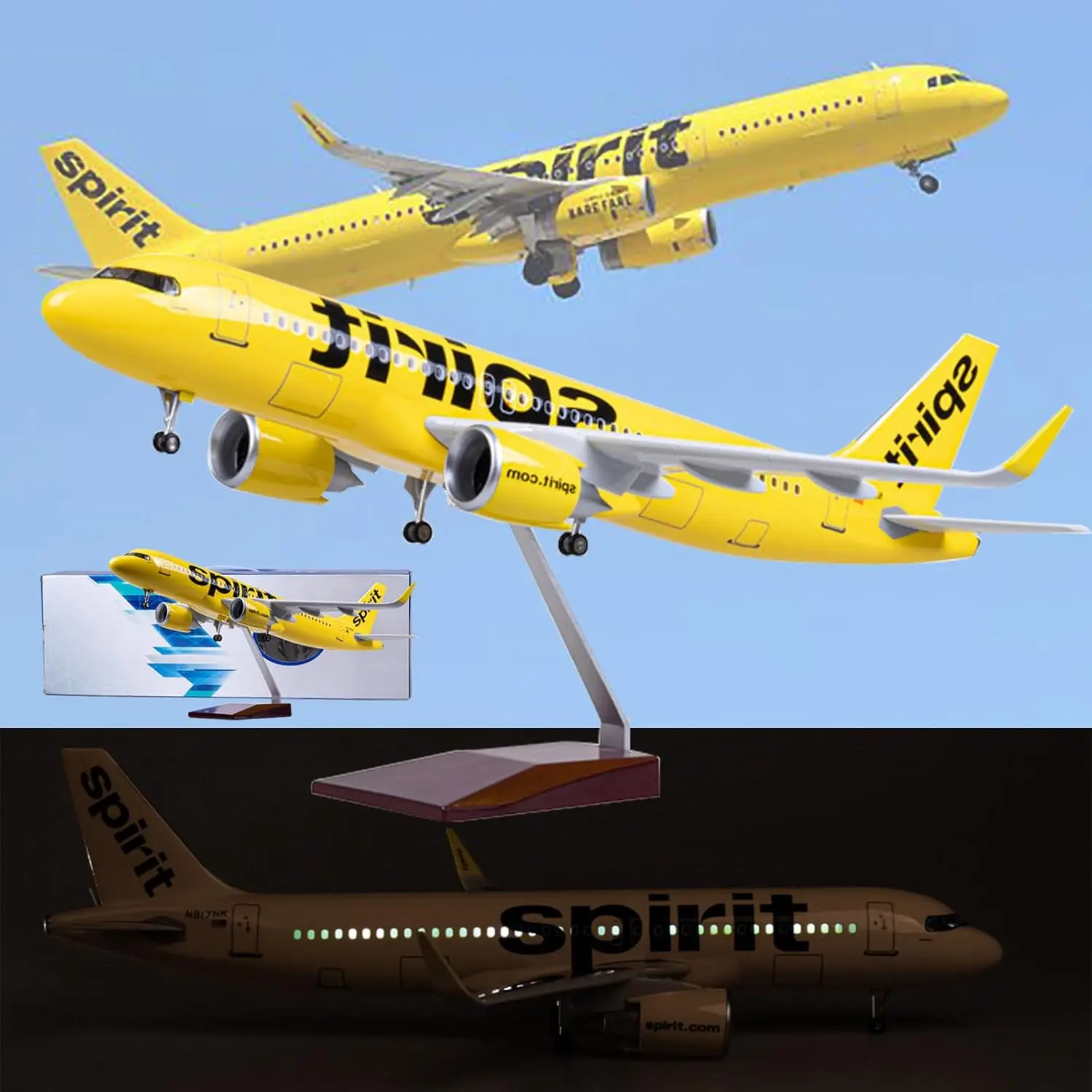 

A320 Spirit Airlines Dreamliner Aircraft Model Diecast Plane Toy 47cm Airliner Display W Standable Airplane Aviation toy Collect