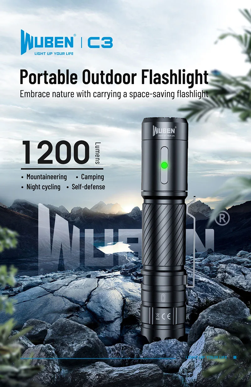 WUBEN C3 Tragbare Outdoor-Taschenlampe, 1200 Lumen, Typ C, wiederaufladbar, EDC, wasserdicht, mit 18650-Akku, für Camping, Jagd – Detail 1
