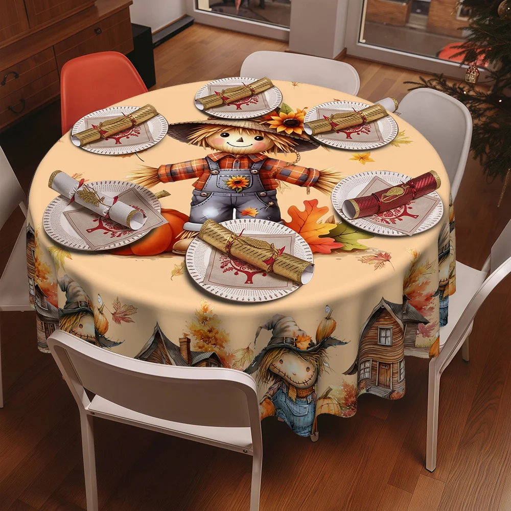 JIT, 1pc Autumn Harvest Thanksgiving Classic Farmhouse Style Strawman Pumpkin Printed Kitchen Dining Round Tableclothzyc