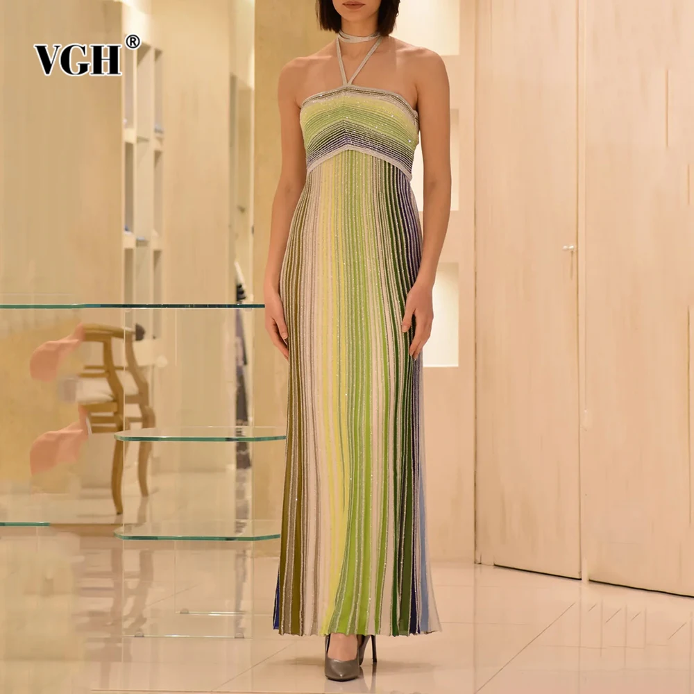 

VGH Temperament Gradient Slimming Dresses For Women Camisole Sleeveless Backless High Waist Sexy Dress Female Fashion Style New